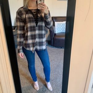 Lace Up Front Flannel, Oversized & Distressed - XS